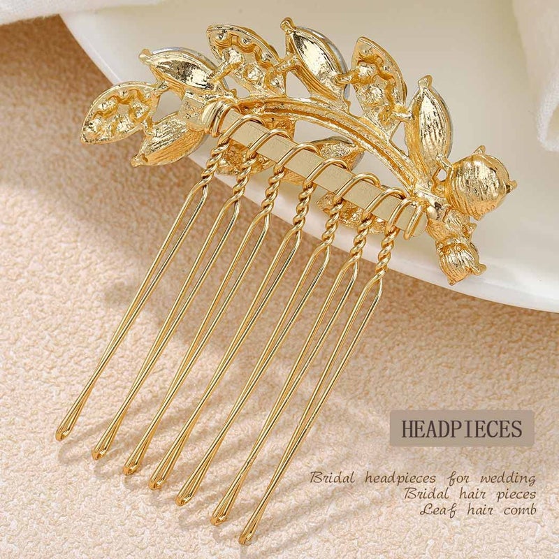 Foyte Crystal Bride Wedding Hair Comb Leaf Bridal Headpieces Rhinestone Hair Pieces Bridesmaid Side Combs Hair Accessories for Women (gold leaf) - Image 4